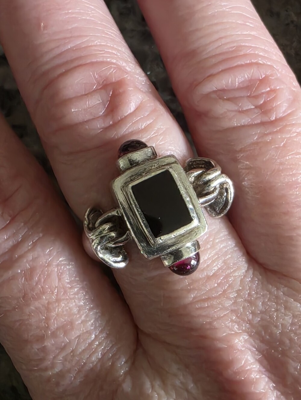 Sterling Silver Black Onyx and Garnet Accent Ring